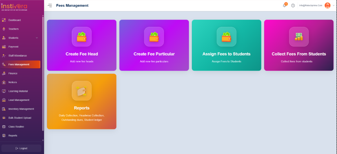 Product screenshot — Fees & Finance
